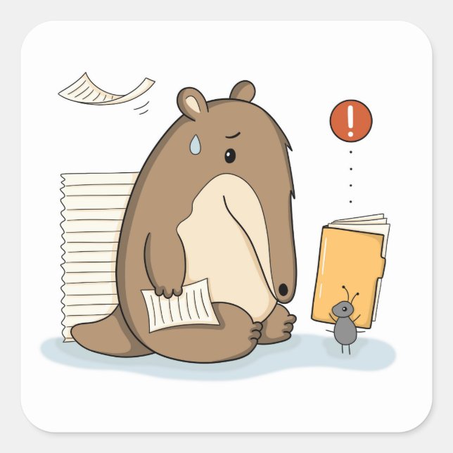 Funny Anteater Paperwork Overload Illustration Square Sticker (Front)