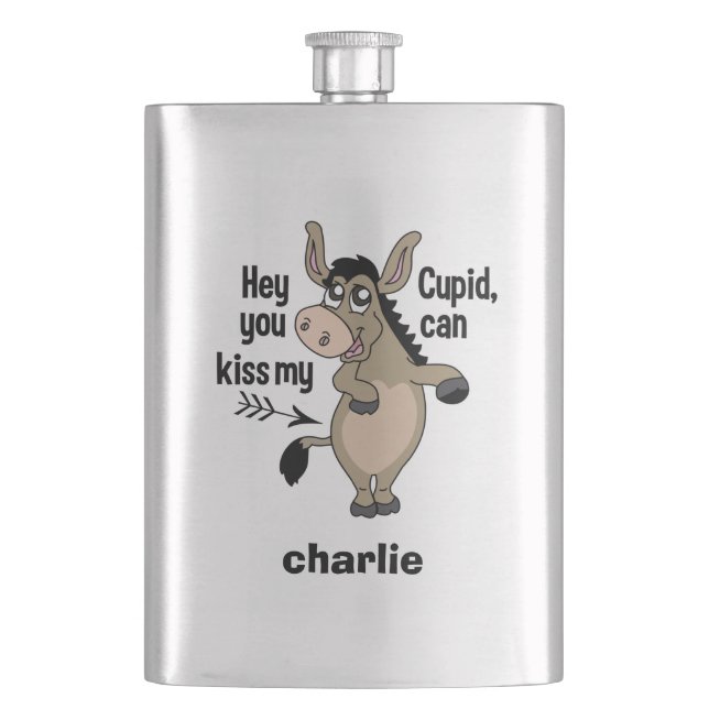 Funny Anti-Valentine Donkey custom name flask (Front)