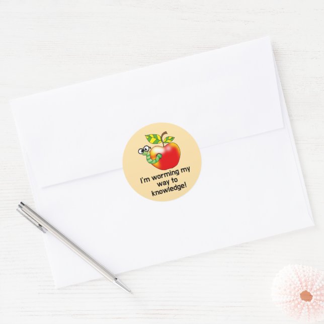 Funny apple and worm education pun art classic round sticker (Envelope)