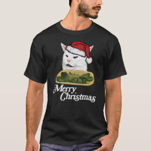 Funny Arguing White Cat Meme in Santa Hat Christma T-Shirt