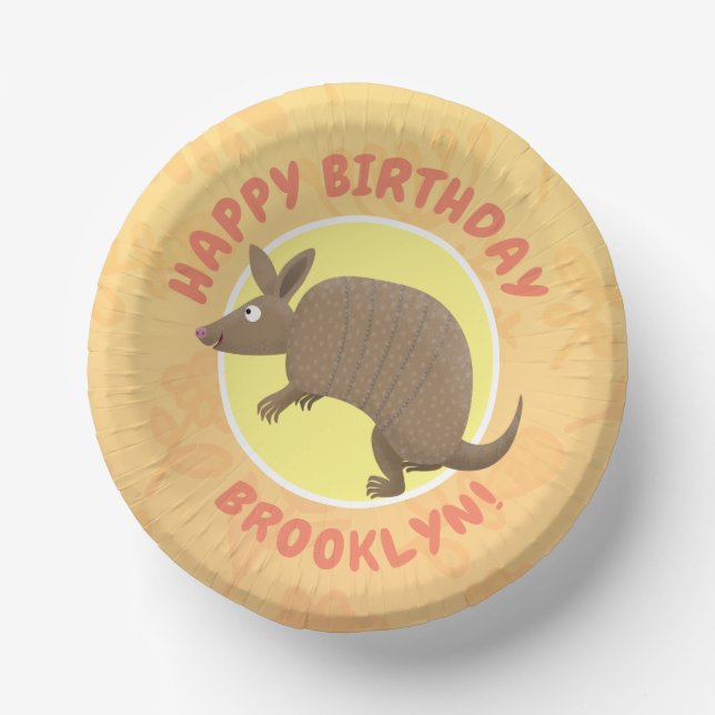Funny armadillo happy birthday cartoon paper plate (Front)