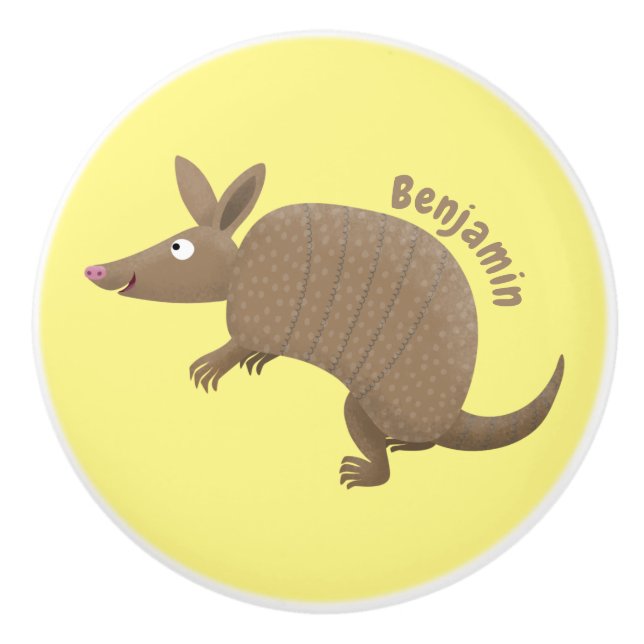 Funny armadillo happy cartoon illustration ceramic knob (Front)