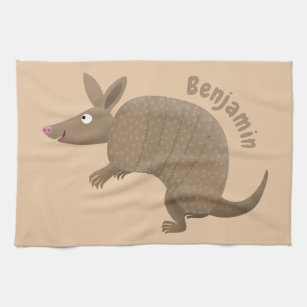 Funny armadillo happy cartoon illustration tea towel