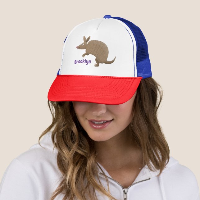Funny armadillo happy cartoon illustration trucker hat (In Situ)
