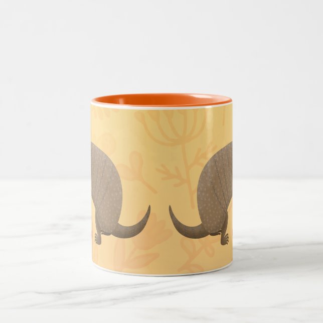 Funny armadillo happy cartoon illustration Two-Tone coffee mug (Center)