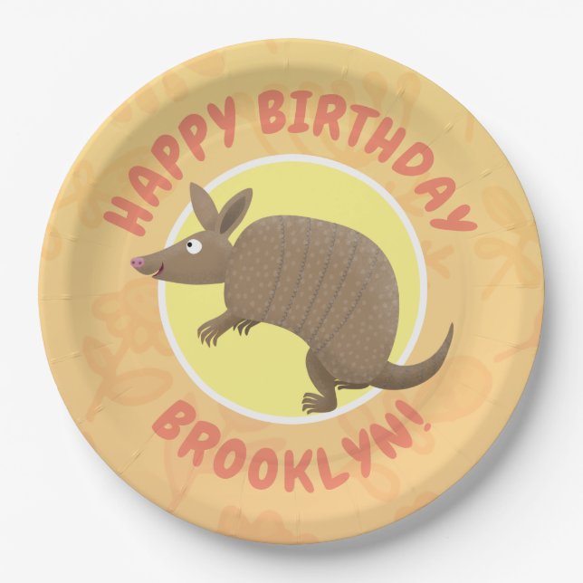 Funny armadillo personalised cartoon birthday paper plate (Front)