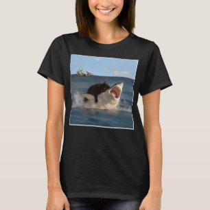 funny Art & Cat Lover Quote Cat Biting Shark Cool T-Shirt