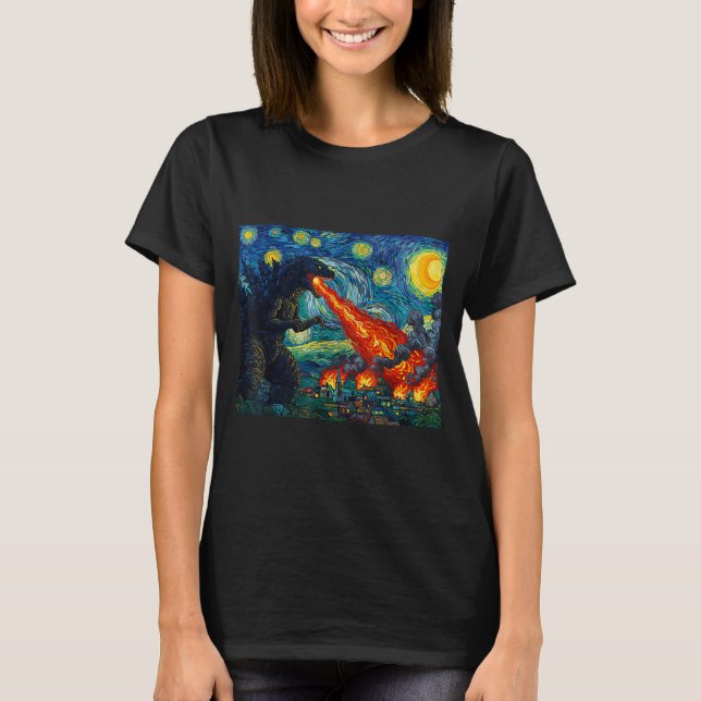 Funny Art Japanese Monster Kaiju In Van Gogh Starr T-Shirt (Front)