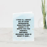 Funny Artificial Intelligence Boyfriend Birthday  Card<br><div class="desc">Capture the essence of your relationship with this sarcastic A.I. generated birthday message! This card is a masterpiece of backhanded humour,  crafted for those wonderful boyfriends who drive you crazy yet make you smile.</div>