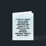 Funny Artificial Intelligence Boyfriend Birthday  Card<br><div class="desc">Capture the essence of your relationship with this sarcastic A.I. generated birthday message! This card is a masterpiece of backhanded humour,  crafted for those wonderful boyfriends who drive you crazy yet make you smile.</div>