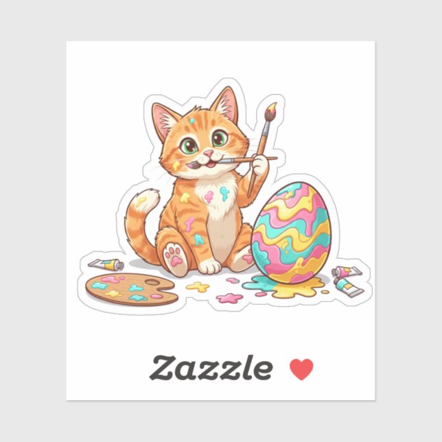 Funny Artist Cat Painting Easter Egg Messy Sticker (Sheet)