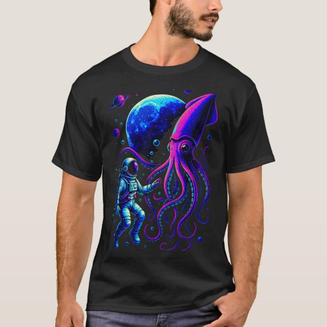 Funny Astronaut And Squid In Underwater Space With T-Shirt (Front)