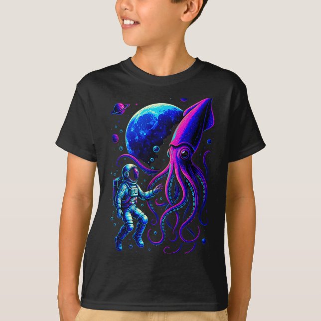 Funny Astronaut And Squid In Underwater Space With T-Shirt (Front)
