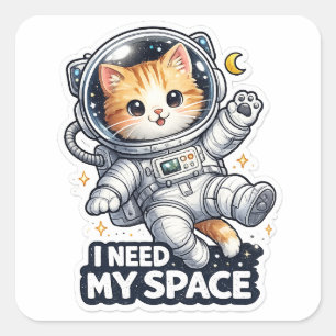 Funny Astronaut Cat I Need My Space Cute Space Cat Square Sticker