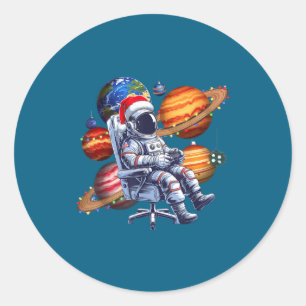 Funny Astronaut Christmas Space Lights Santa Hat P Classic Round Sticker