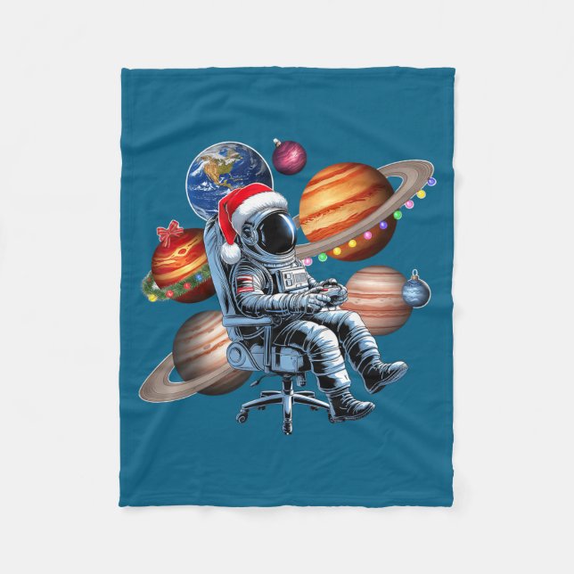 Funny Astronaut Christmas Space Lights Santa Hat P Fleece Blanket (Front)