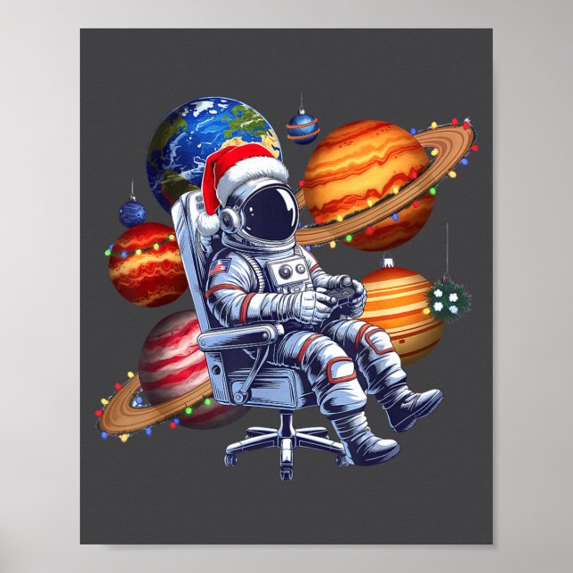 Funny Astronaut Christmas Space Lights Santa Hat P Poster (Front)