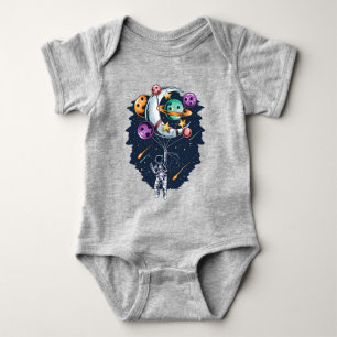Funny Astronaut Holding a Balloon of Planets Baby Bodysuit