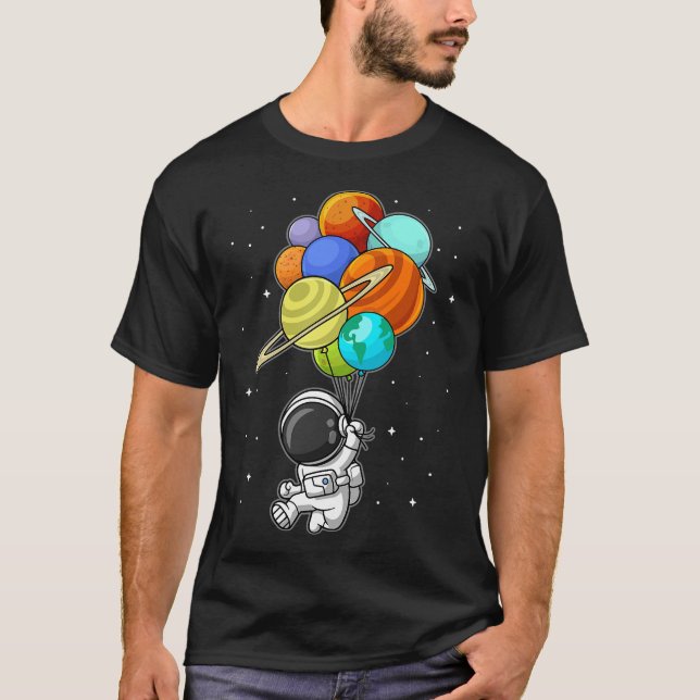 Funny Astronaut Holding Planet Balloons Space Kids T-Shirt (Front)