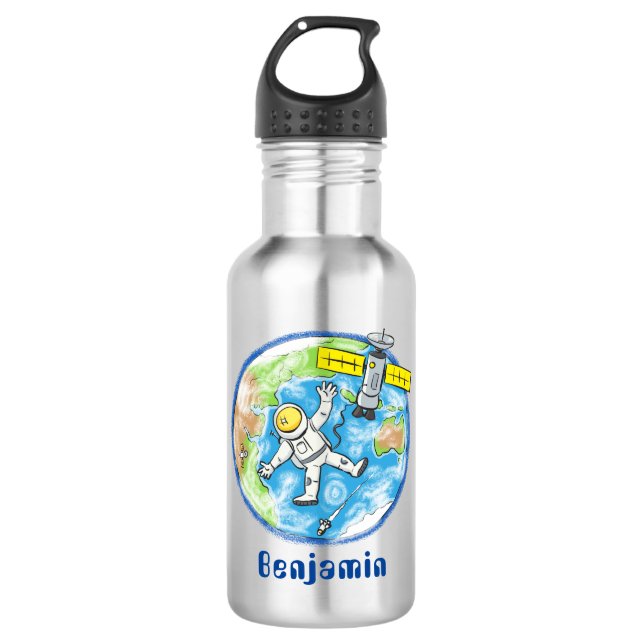 Funny astronaut in space and earth cartoon 532 ml water bottle (Front)