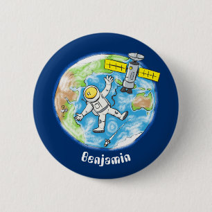 Funny astronaut in space and earth cartoon 6 cm round badge