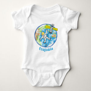 Funny astronaut in space and earth cartoon baby bodysuit