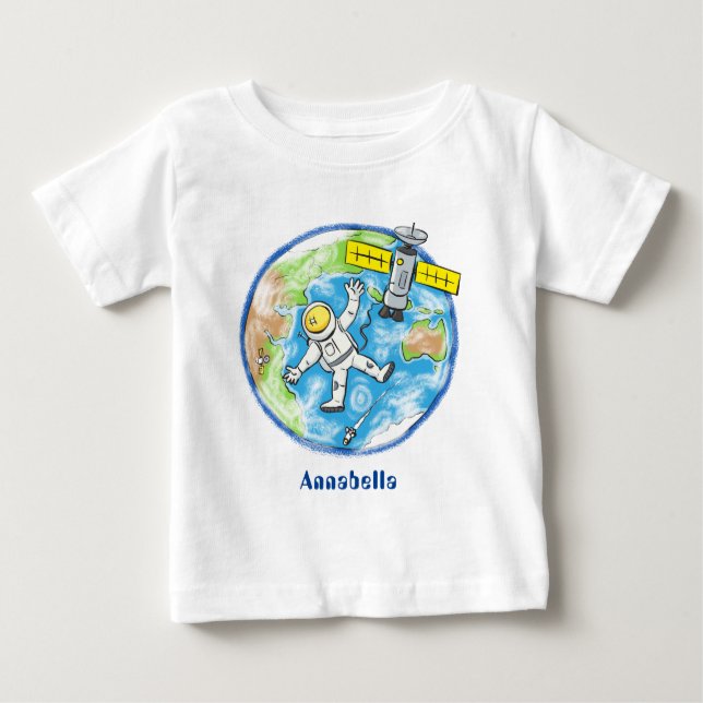 Funny astronaut in space and earth cartoon baby T-Shirt (Front)
