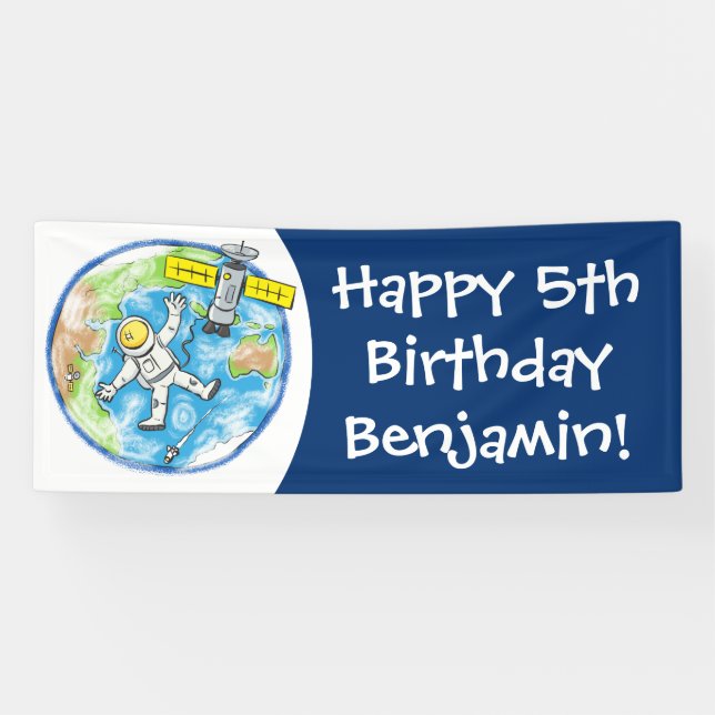 Funny astronaut in space and earth cartoon banner (Horizontal)
