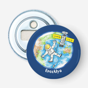 Funny astronaut in space and earth cartoon bottle opener