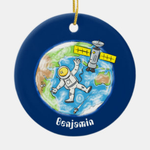 Funny astronaut in space and earth cartoon ceramic tree decoration