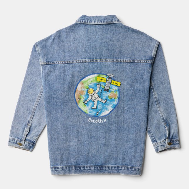 Funny astronaut in space and earth cartoon denim jacket (Back)