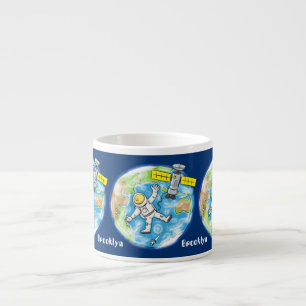 Funny astronaut in space and earth cartoon espresso cup