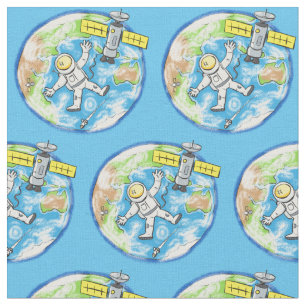 Funny astronaut in space and earth cartoon fabric