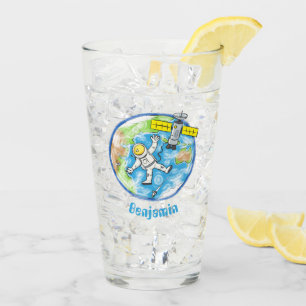 Funny astronaut in space and earth cartoon glass