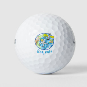 Funny astronaut in space and earth cartoon golf balls