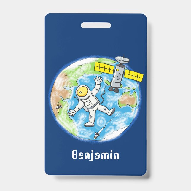 Funny astronaut in space and earth cartoon ID badge (Front)