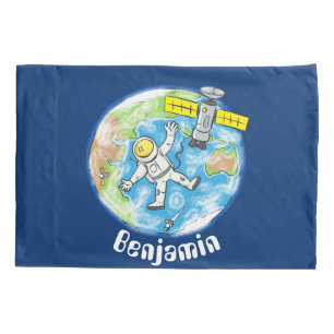 Funny astronaut in space and earth cartoon pillowcase