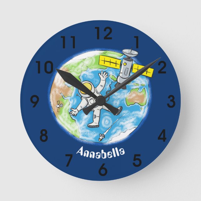 Funny astronaut in space and earth cartoon round clock (Front)
