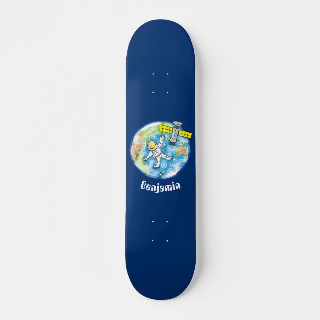 Funny astronaut in space and earth cartoon skateboard (Front)