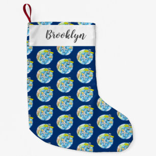Funny astronaut in space and earth cartoon small christmas stocking