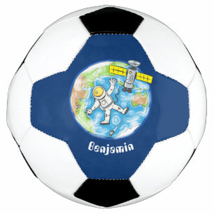 Funny astronaut in space and earth cartoon soccer ball