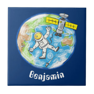 Funny astronaut in space and earth cartoon tile