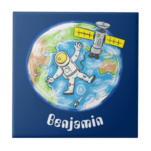 Funny astronaut in space and earth cartoon tile (Front)