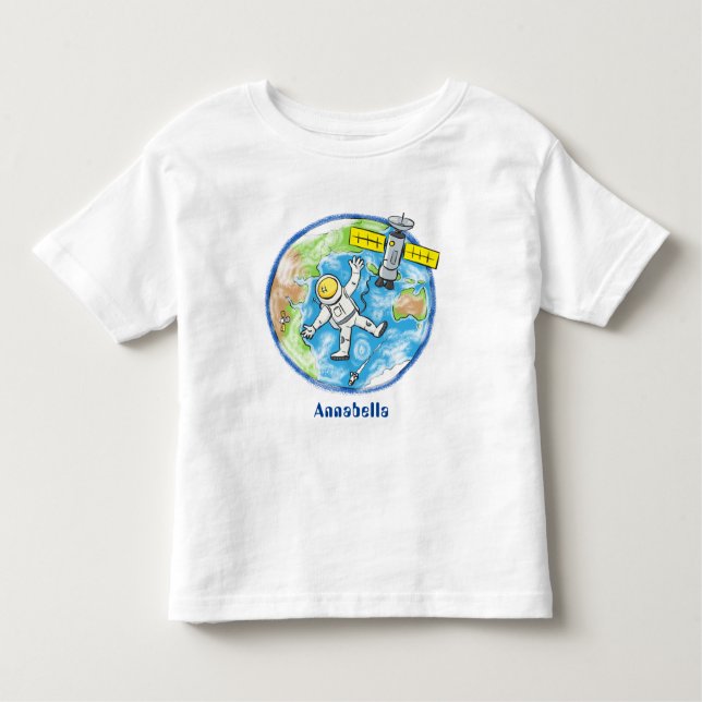 Funny astronaut in space and earth cartoon toddler T-Shirt (Front)