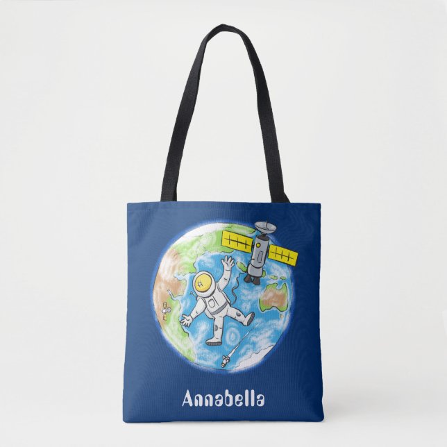 Funny astronaut in space and earth cartoon tote bag (Front)