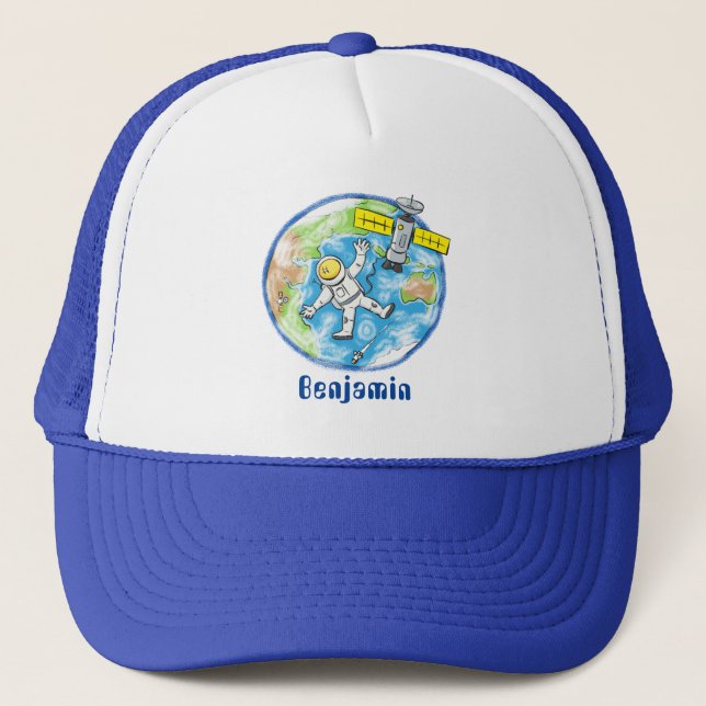 Funny astronaut in space and earth cartoon trucker hat (Front)