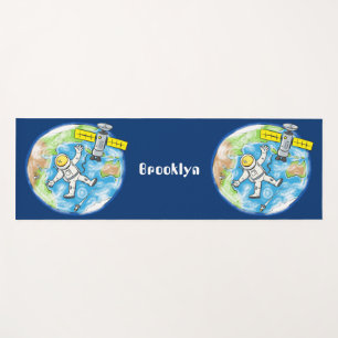 Funny astronaut in space and earth cartoon yoga mat
