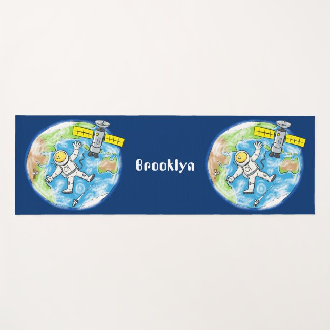 Funny astronaut in space and earth cartoon yoga mat (Front (Horizontal))