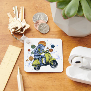 Funny Astronaut Scooter Solar System Art Key Ring