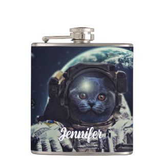 Funny Astronaut Shorthair Cat in Space Hip Flask